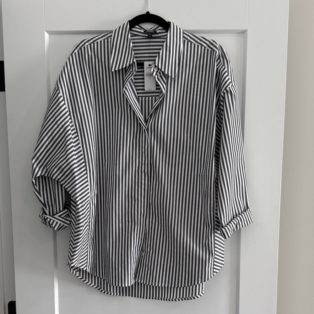 Express Black and White Striped Boyfriend Portofino Button Down Shirt